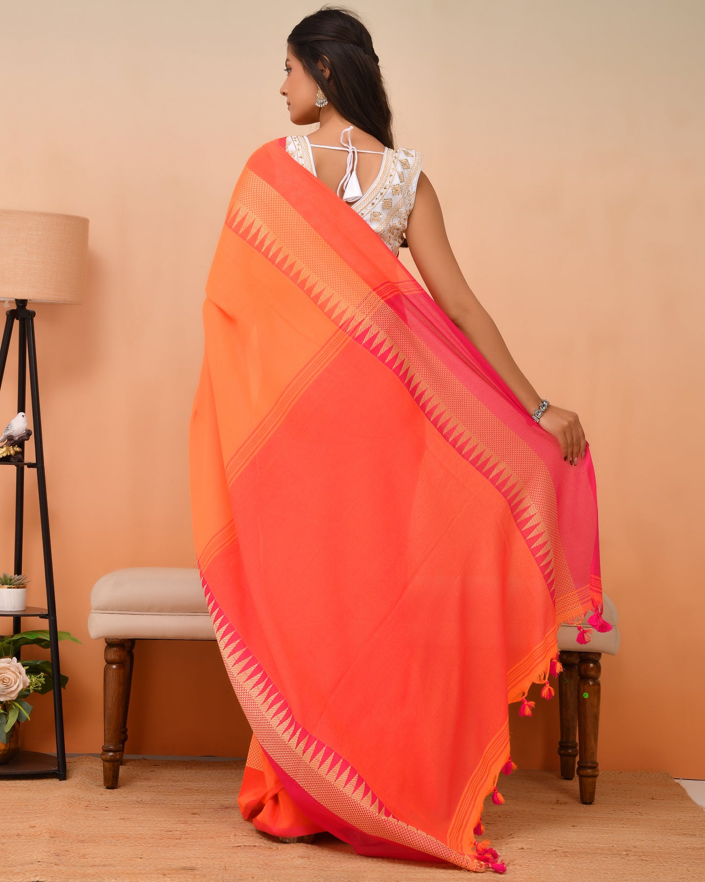 Luminous Orange Temple Cotton Saree -  Geometric Zari | Timeless Textures