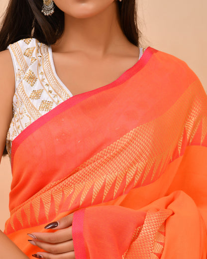 Luminous Orange Temple Cotton Saree -  Geometric Zari | Timeless Textures