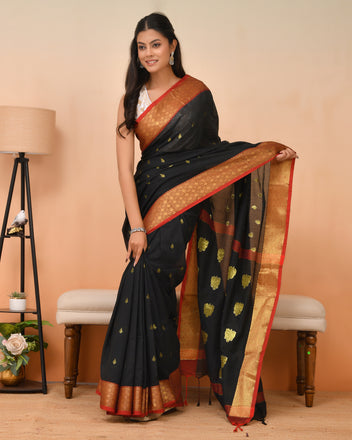 Tangail Cotton Silk Blend Saree in Black + Gold Zari | Queens in Wedding