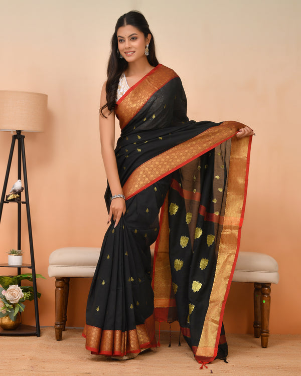 Tangail Cotton Silk Blend Saree in Black + Gold Zari | Queens in Wedding