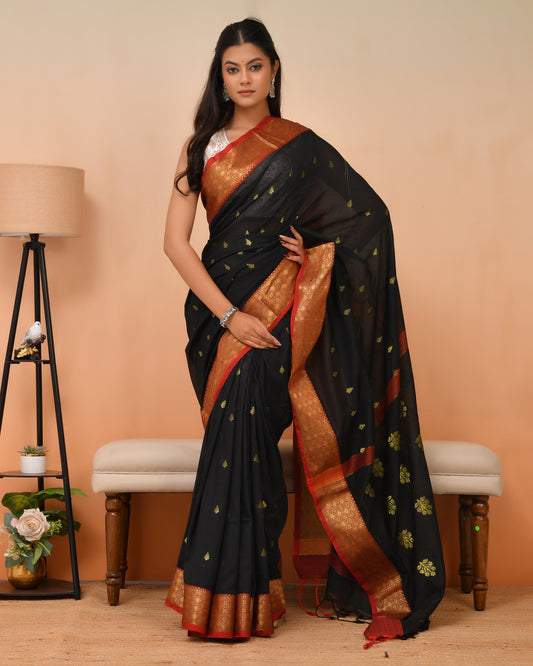 Tangail Cotton Silk Blend Saree in Black + Gold Zari | Queens in Wedding