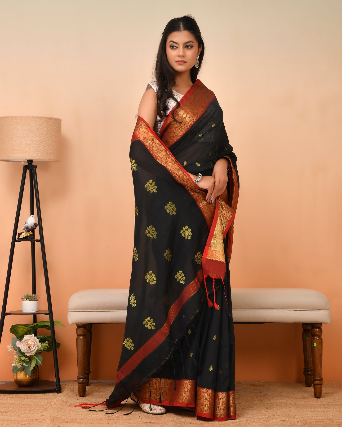 Tangail Cotton Silk Blend Saree in Black + Gold Zari | Queens in Wedding
