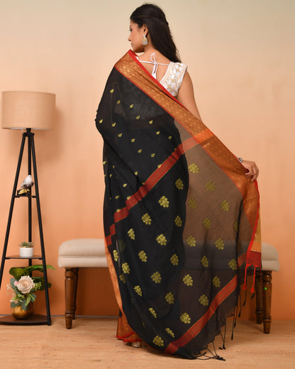 Tangail Cotton Silk Blend Saree in Black + Gold Zari | Queens in Wedding