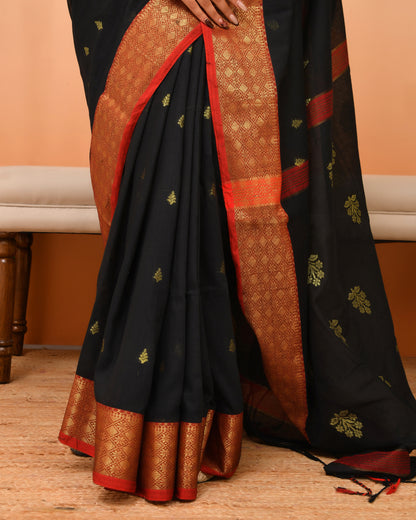 Tangail Cotton Silk Blend Saree in Black + Gold Zari | Queens in Wedding