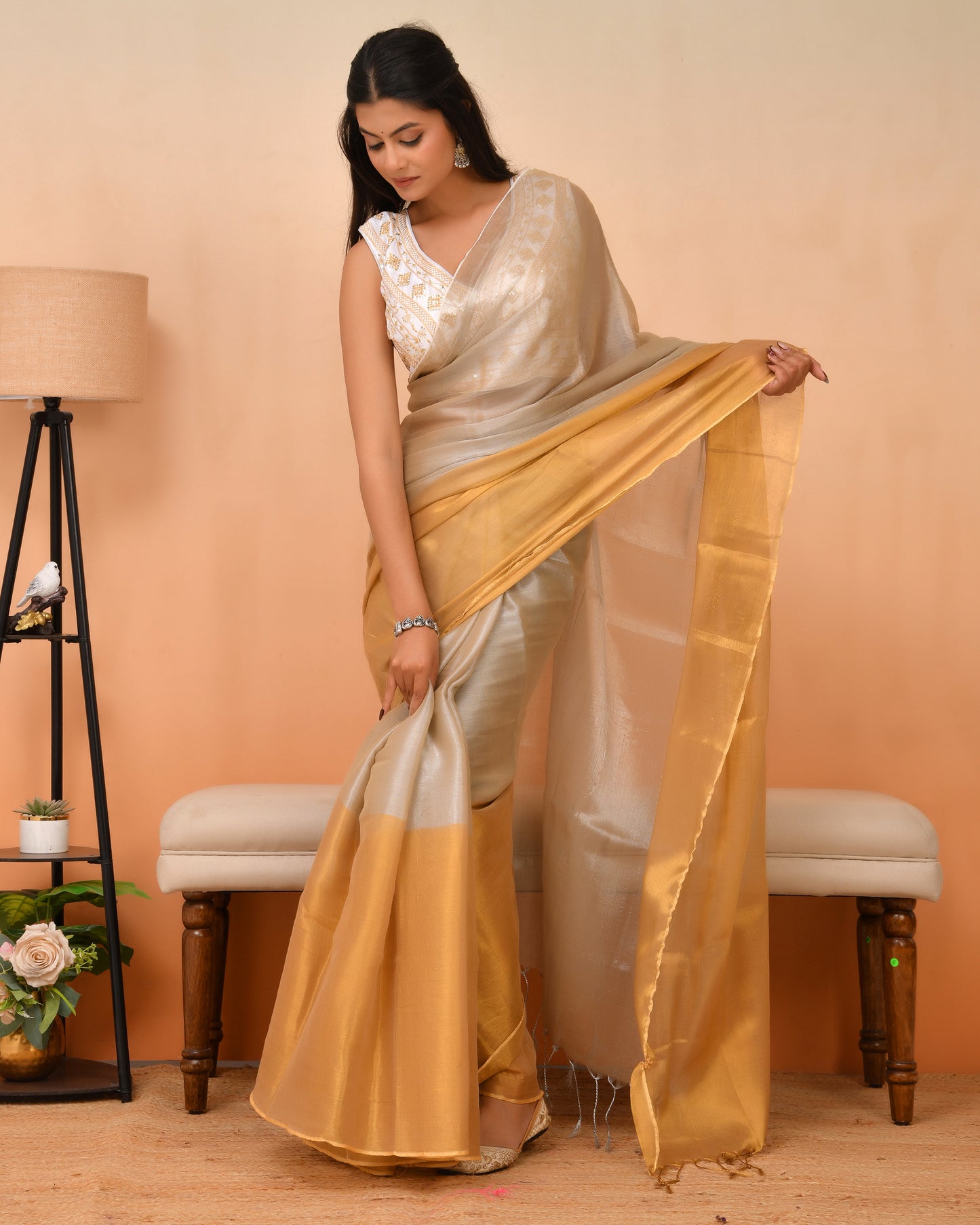 Tissue Silk Saree in Gold and Silver Tone | Festive Grace