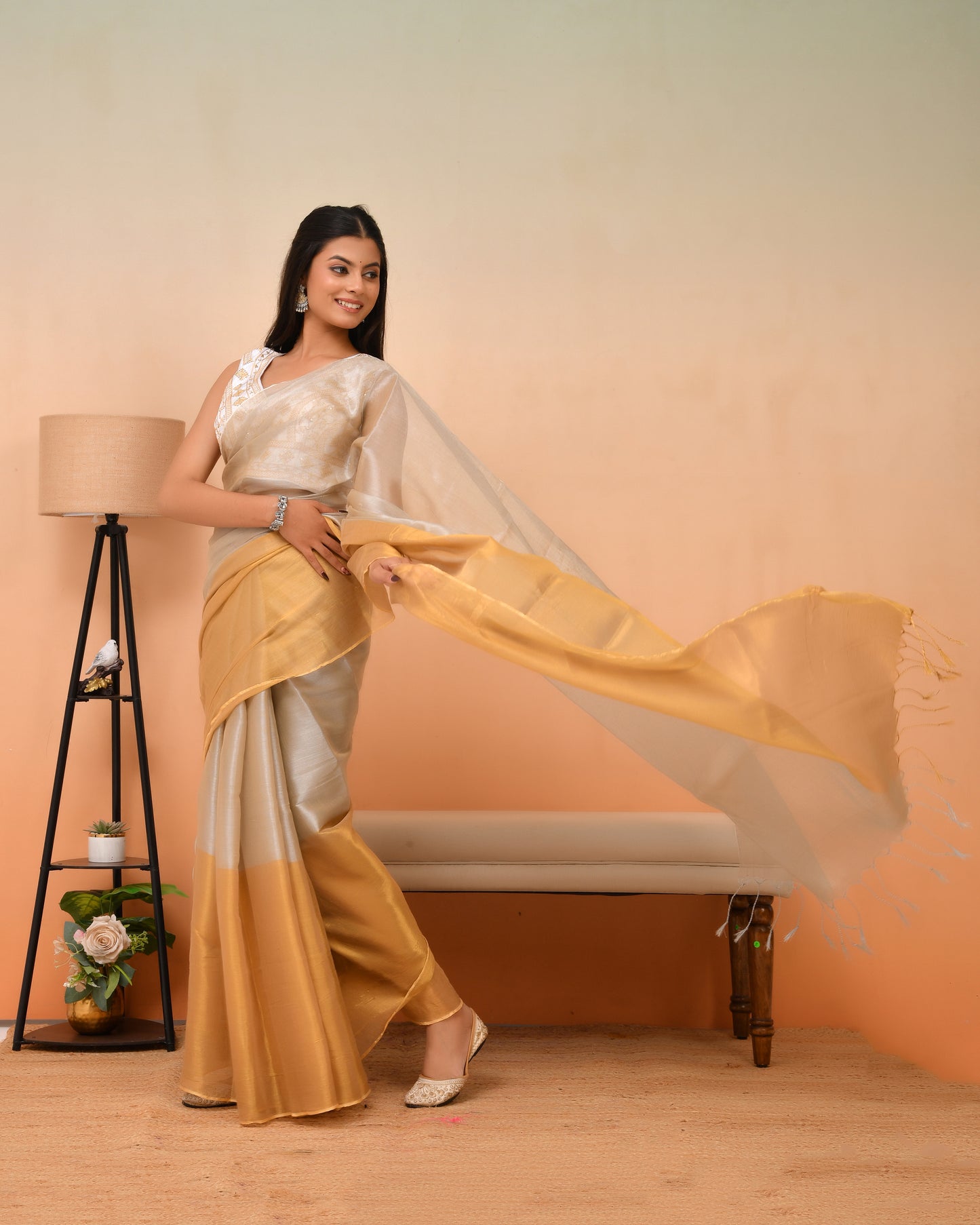 Tissue Silk Saree in Gold and Silver Tone | Festive Grace