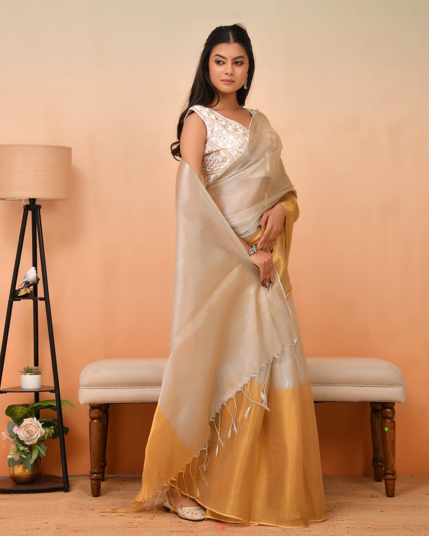 Tissue Silk Saree in Gold and Silver Tone | Festive Grace