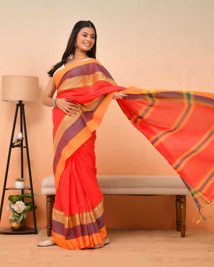 Authentic Shantipuri Cotton Saree in Gerua Orange | Festive Grace