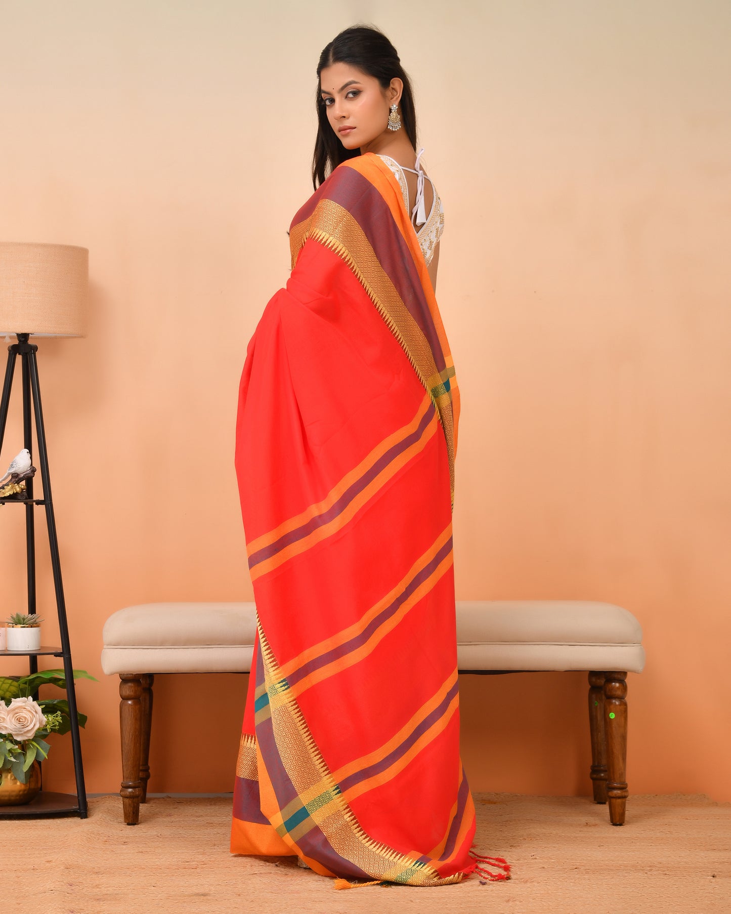 Authentic Shantipuri Cotton Saree in Gerua Orange | Festive Grace