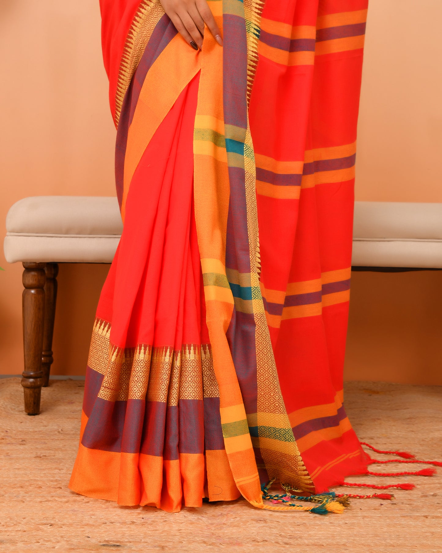 Authentic Shantipuri Cotton Saree in Gerua Orange | Festive Grace