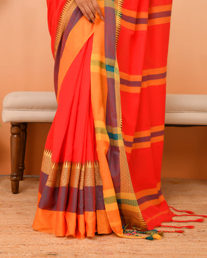 Authentic Shantipuri Cotton Saree in Gerua Orange | Festive Grace