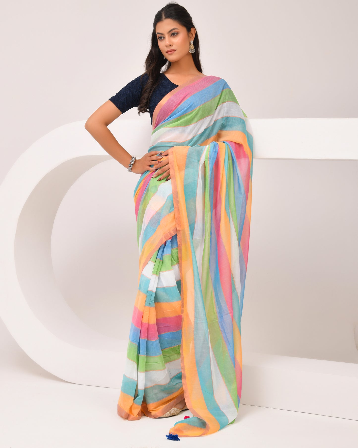 Mulmul Handwoven Cotton Saree - Rainbow | Festive Grace