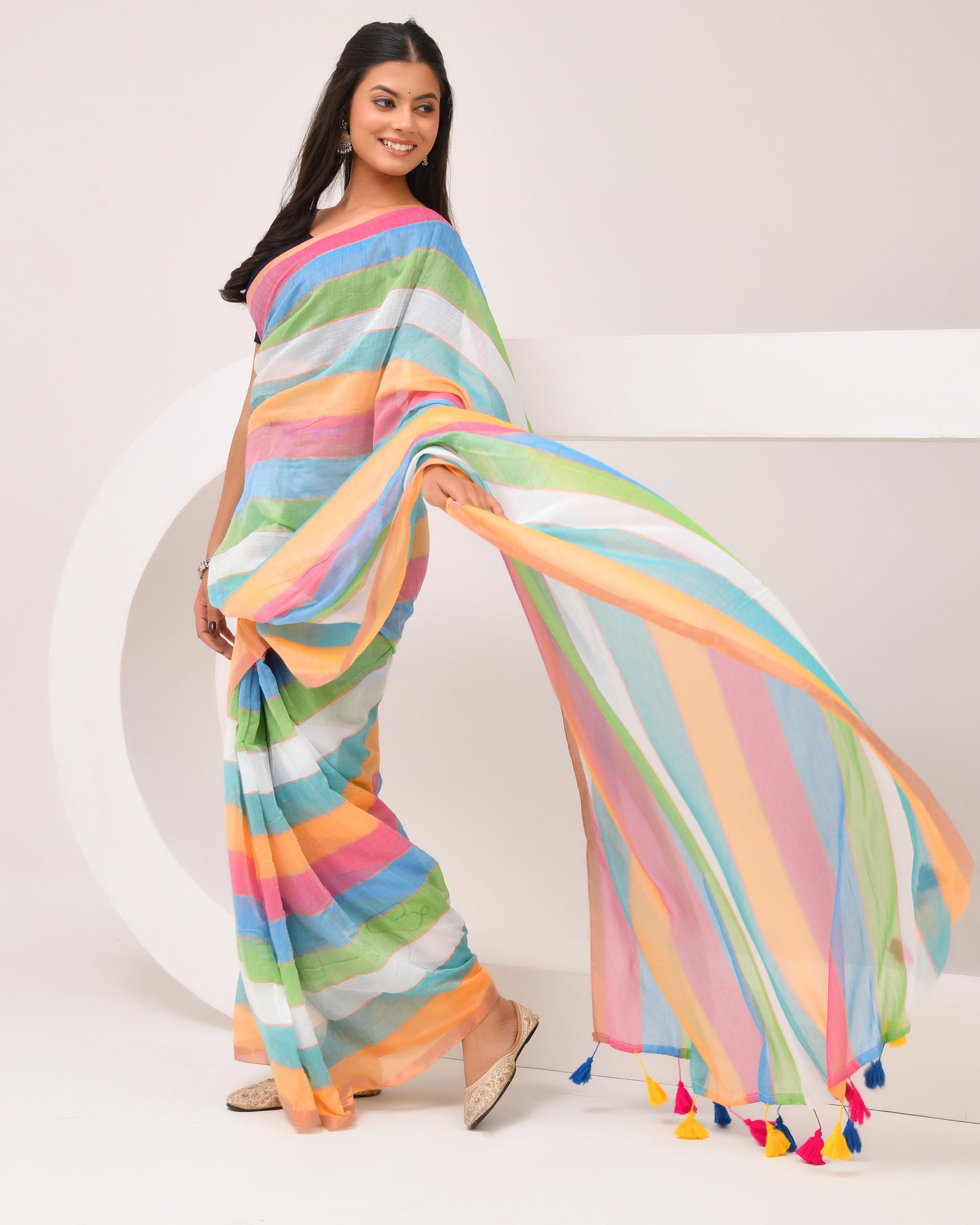 Mulmul Handwoven Cotton Saree - Rainbow | Festive Grace