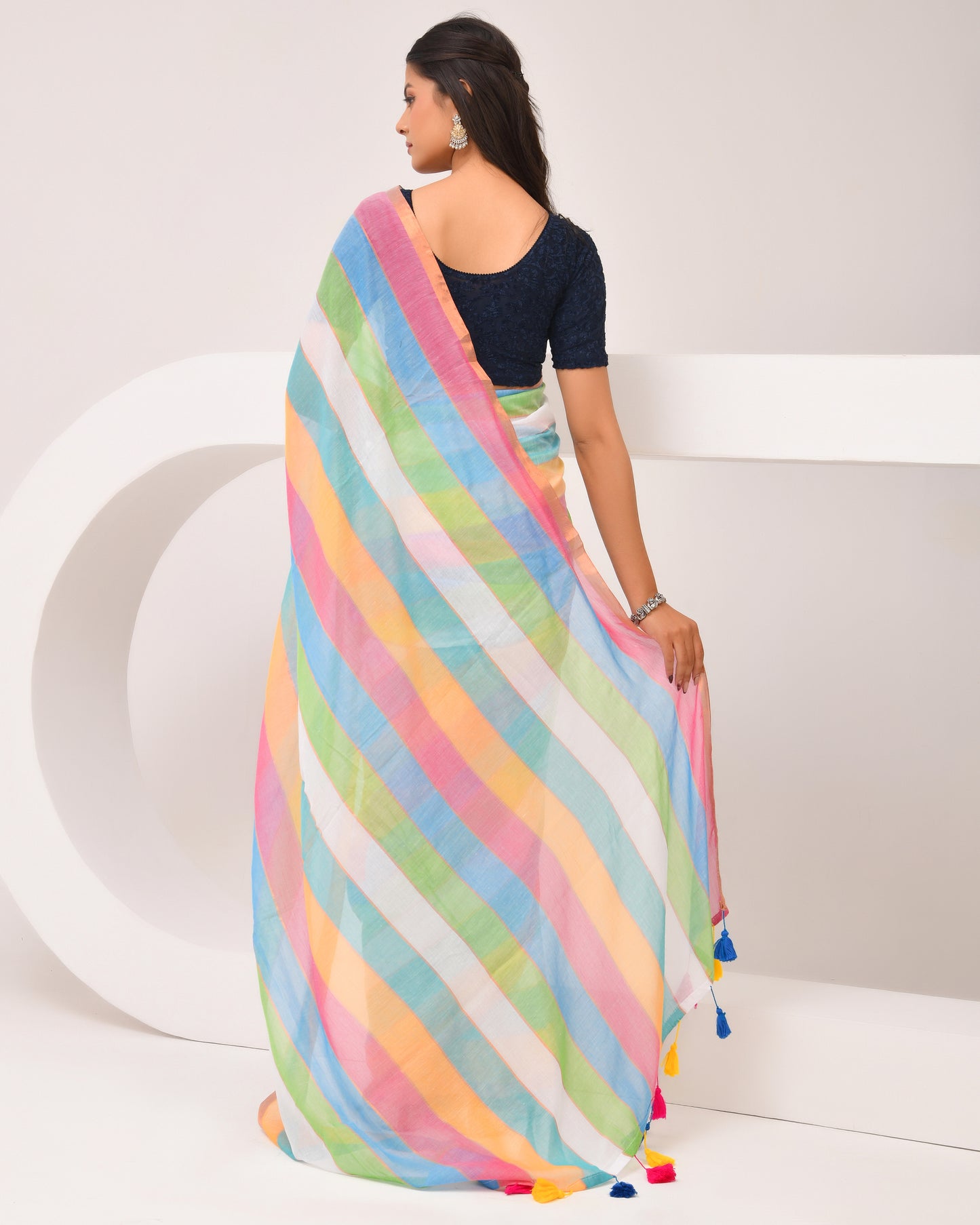 Mulmul Handwoven Cotton Saree - Rainbow | Festive Grace