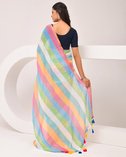 Mulmul Handwoven Cotton Saree - Rainbow | Festive Grace