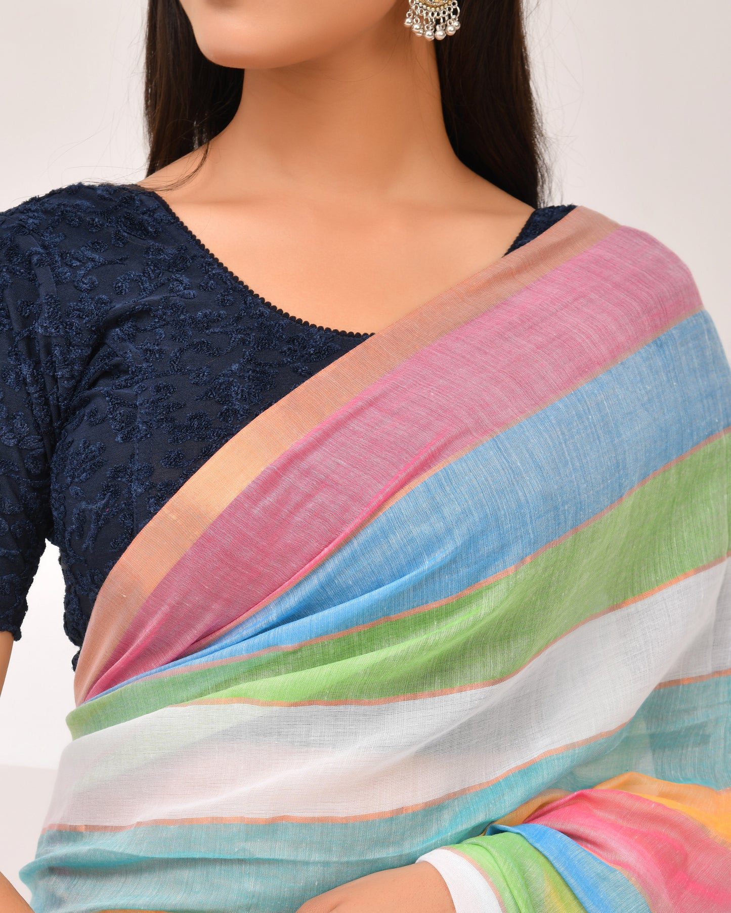 Mulmul Handwoven Cotton Saree - Rainbow | Festive Grace