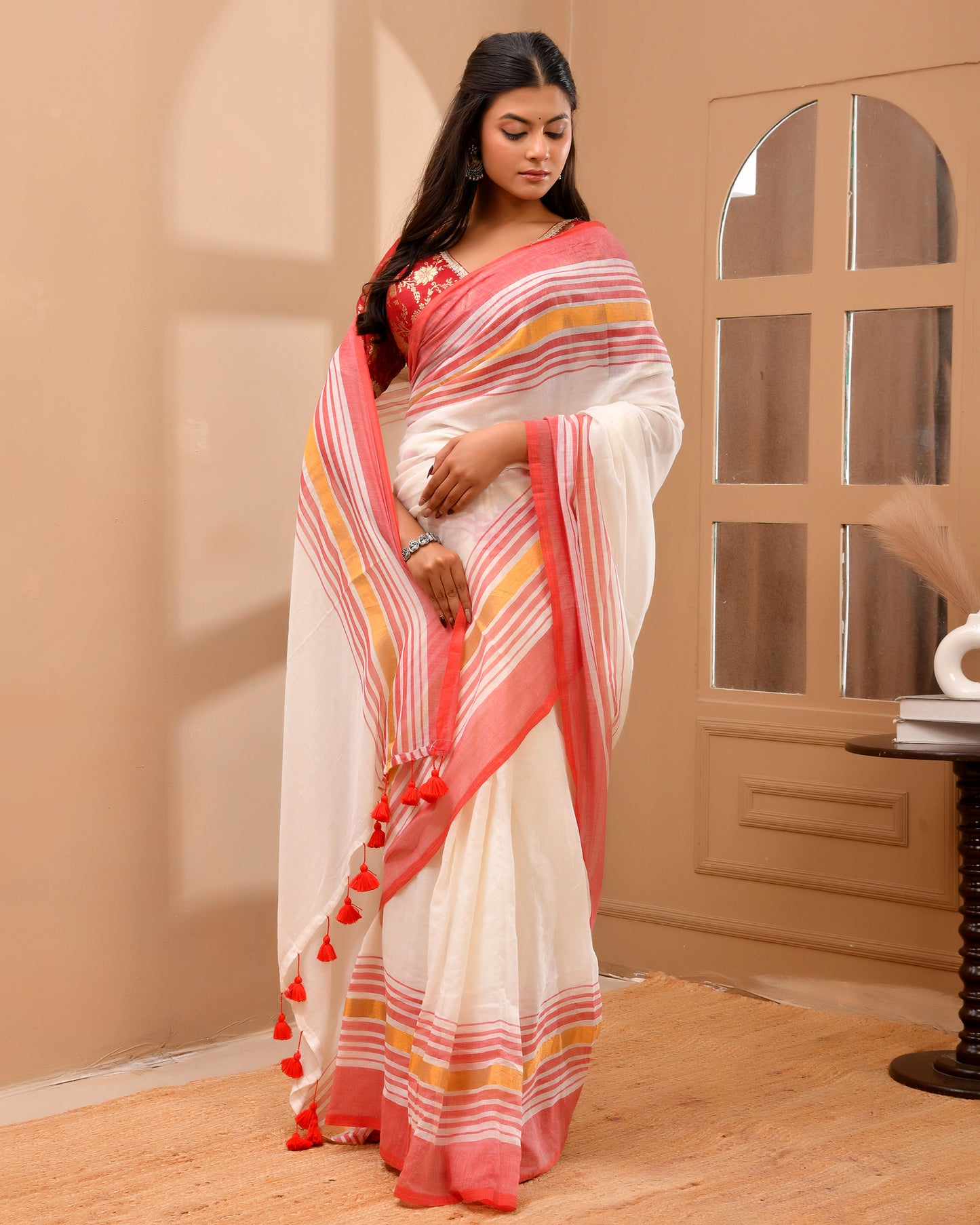 Festive White Cotton Handloom Saree with Mult-Stripe Pallu
