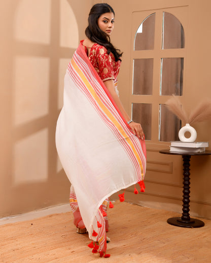 Festive White Cotton Handloom Saree with Mult-Stripe Pallu