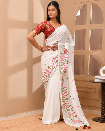 Floral Embroidery Cotton Handloom Saree