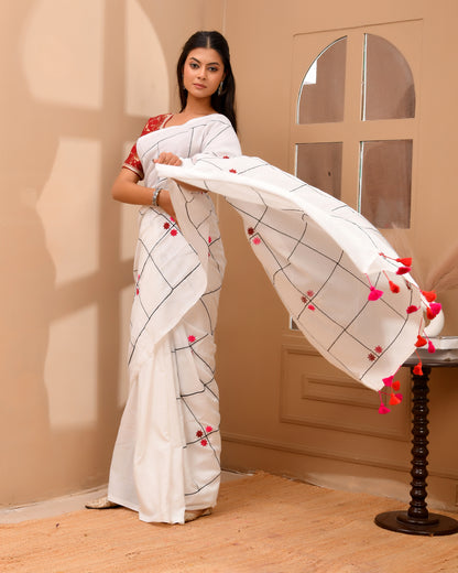 Shubhro Cotton Checker Embroidery Saree in White | Everyday Classics