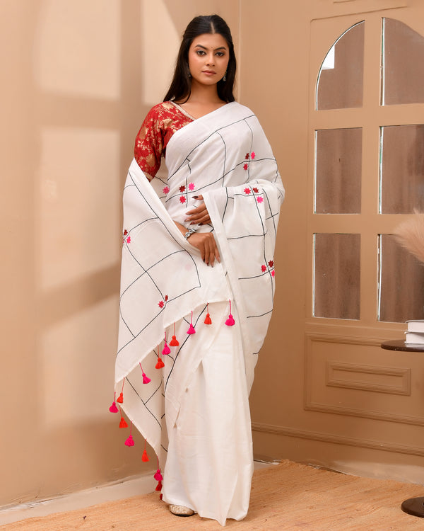 Shubhro Cotton Checker Embroidery Saree in White | Everyday Classics